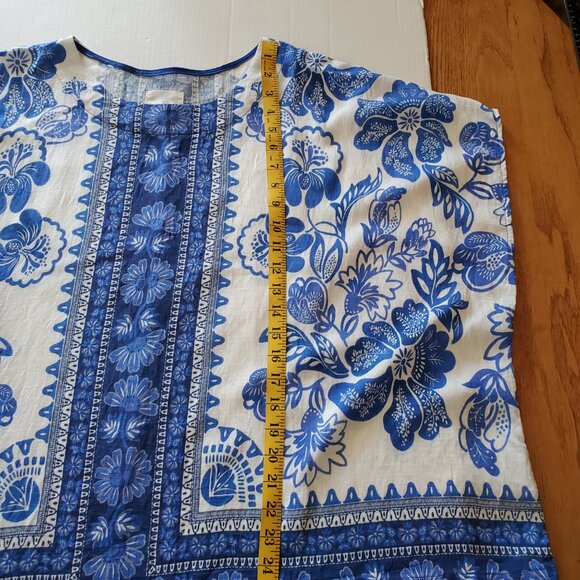 Umgee Floral Border Pattern Round Neck Short Sleeves Oversized Blouse Blue  L - Picture 12 of 14